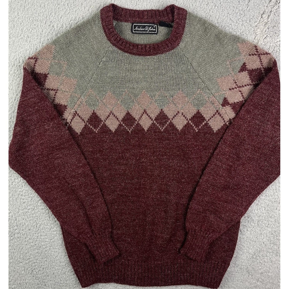 Vintage Andrew St John Sweater Grey Red Patterned Acrylic Crewneck 90s Large